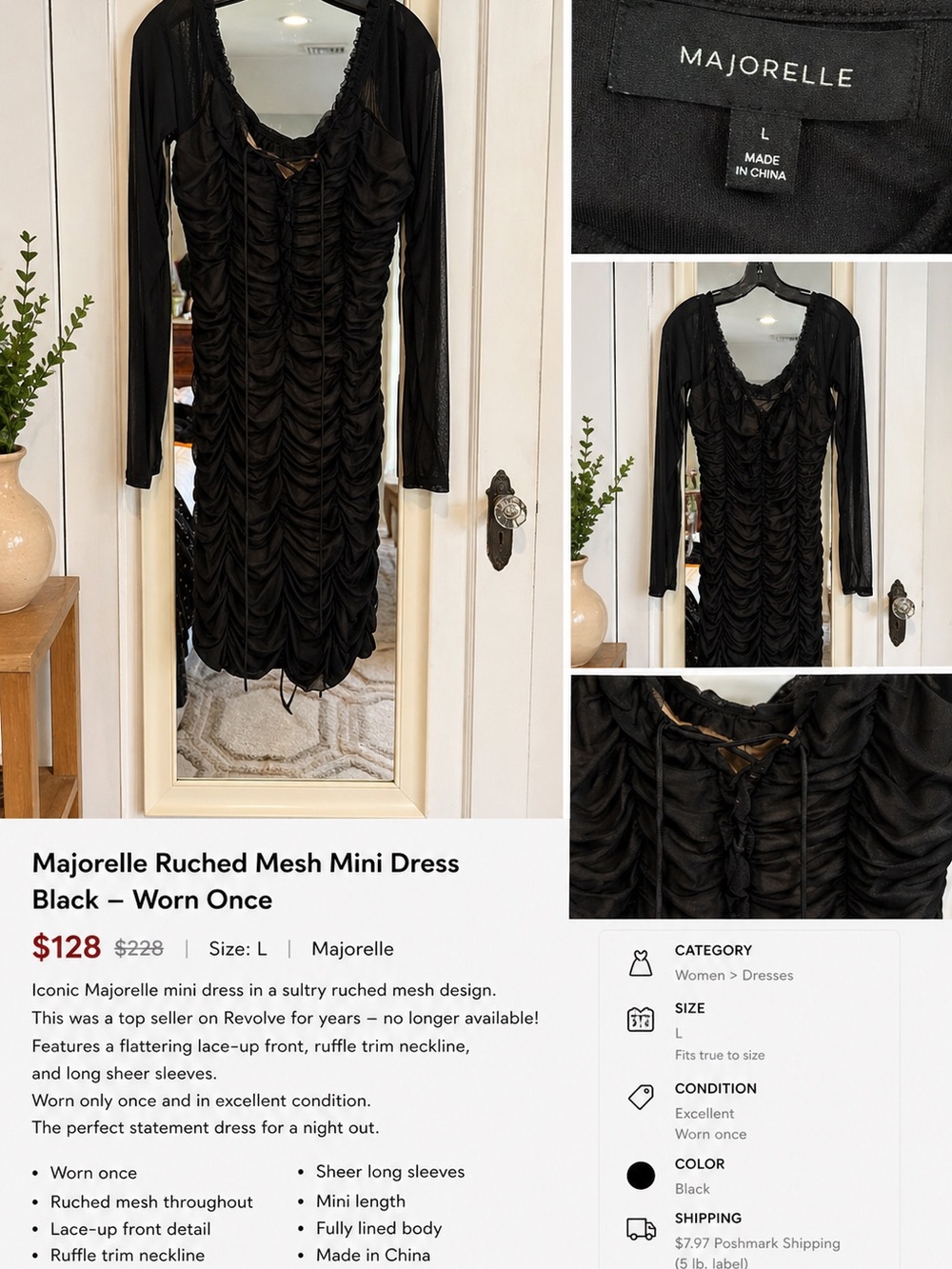 MAJORELLE Black Ruched Lace-Up Mesh Mini Dress